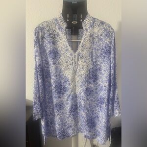 Charter Club Floral Lace Blouse - Blue and White